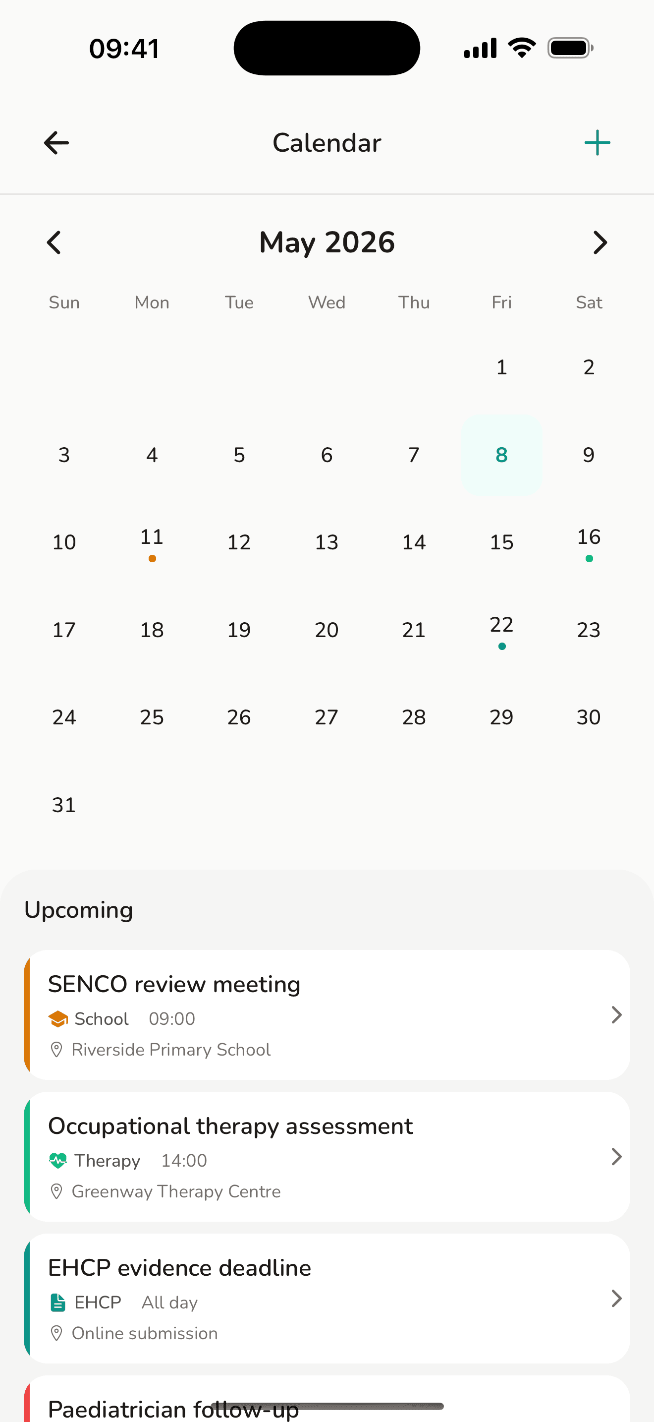 Calendar showing EHCP deadlines and appointments