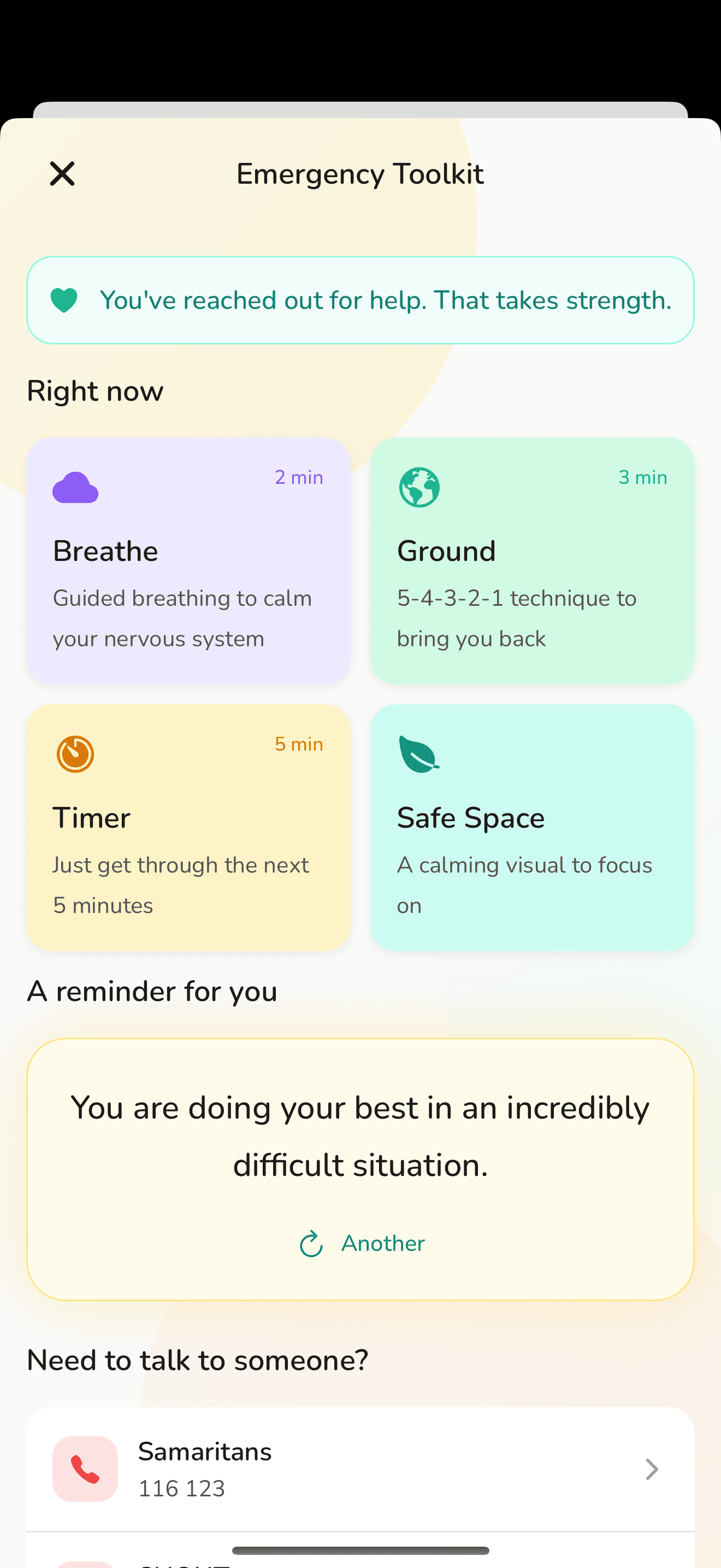 Emergency toolkit with breathe, ground, timer, safe space