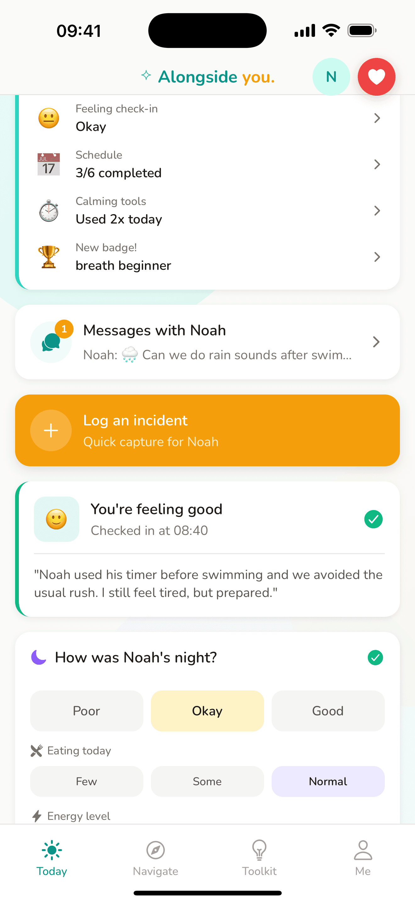 Heedli parent dashboard with daily check-in summary
