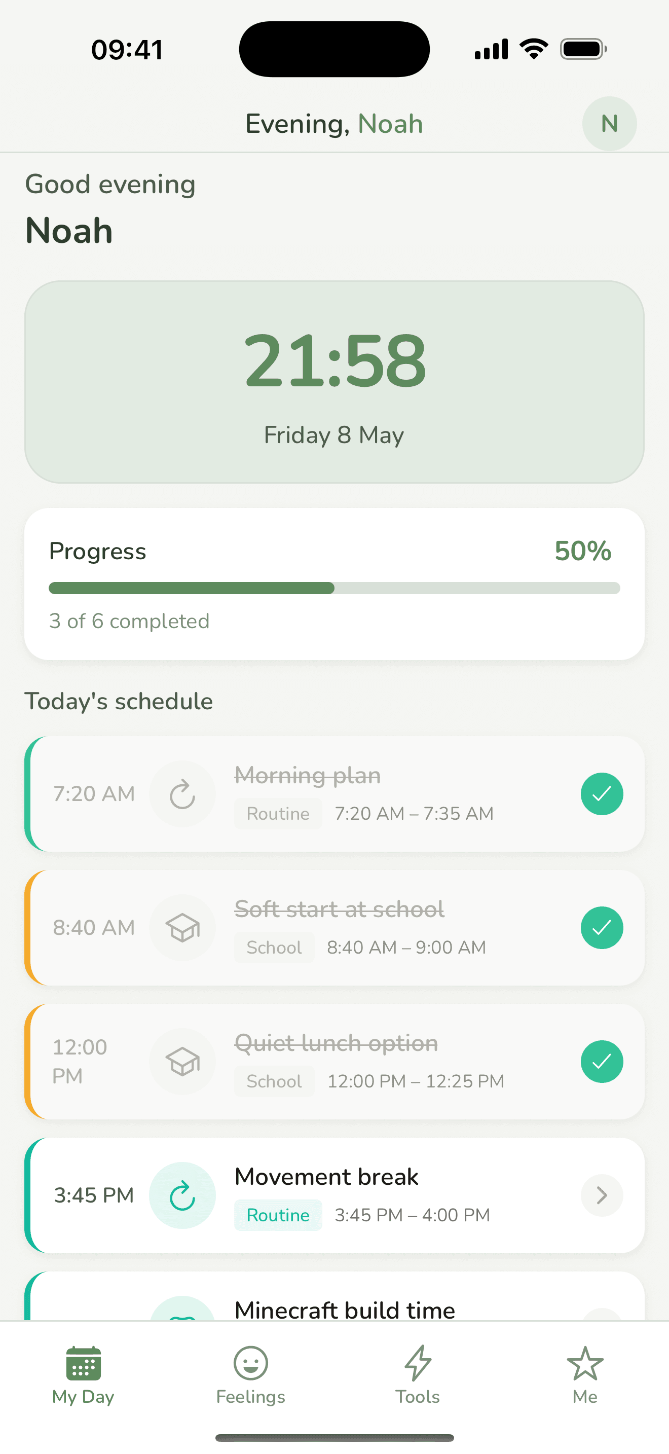 Heedli young-person dashboard with schedule and progress